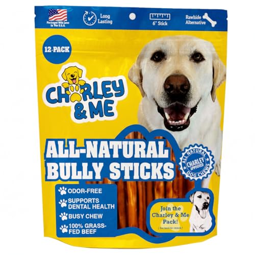 CHARLEY & ME Premium Bully Sticks - 100% Natural Beef Dog Treats, Long-Lasting Chew for Aggressive Chewers, Nutritious Joint Support, 6 Inches