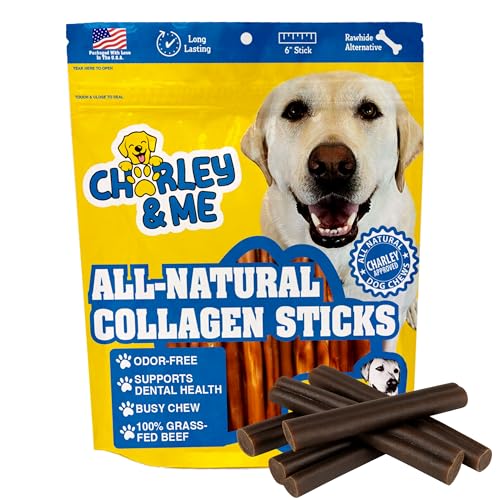 CHARLEY & ME Premium Collagen Sticks for Dogs - Long Lasting Dog Treats, Free Dog Chew Sticks - Hip & Joint Support, Healthy Skin, Shiny Coat - 100% Natural Beef - 6 Inches