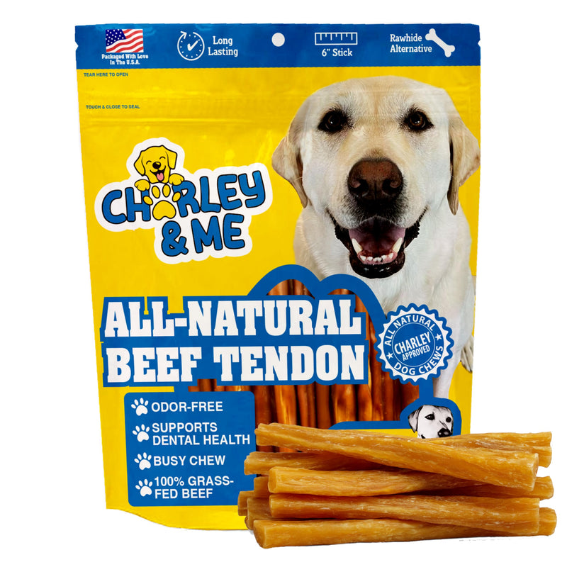 CHARLEY & ME Beef Tendons for Dogs, 100% Natural Beef Puppy Treats, Long-Lasting Dog Chew Toy for Aggressive Chewers - Nutritious Joint Support for Dogs - 6 Inches (Pack of 10)